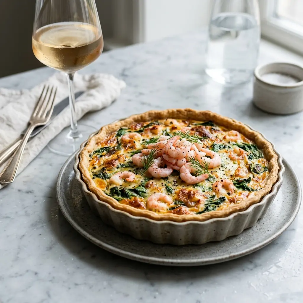 Tarte mit Garnelen und Spinat fertig als Gericht serviert