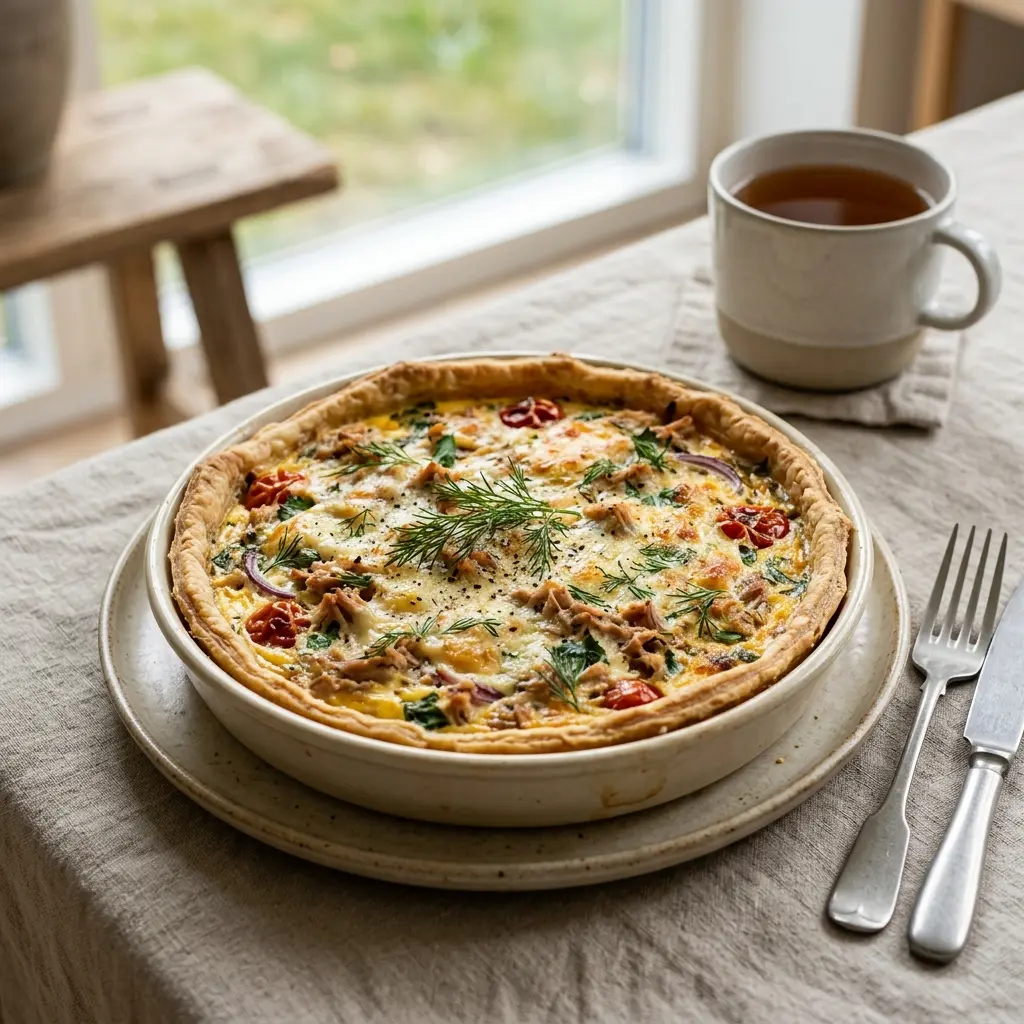 Tarte mit Thunfisch fertig als Gericht serviert