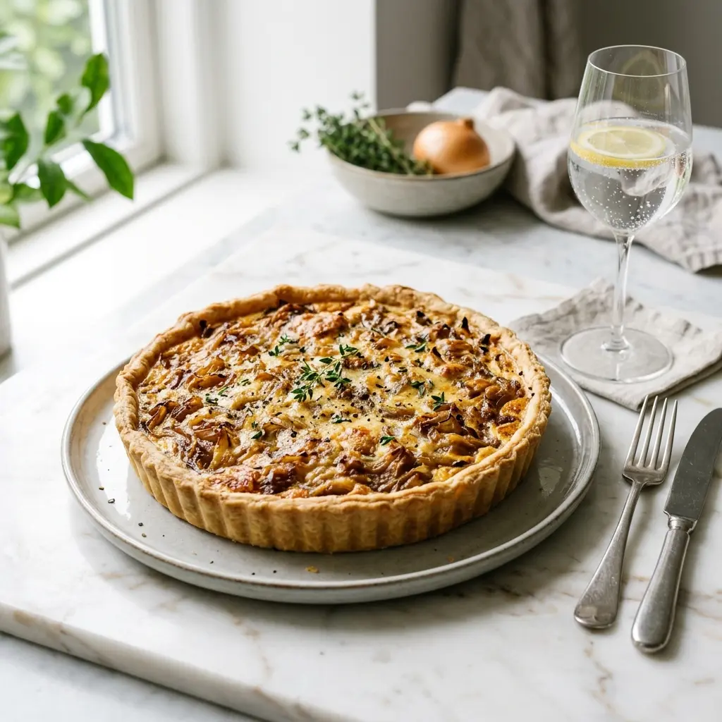 Tarte mit Zwiebeln als süßes und hausgemachtes Dessert serviert