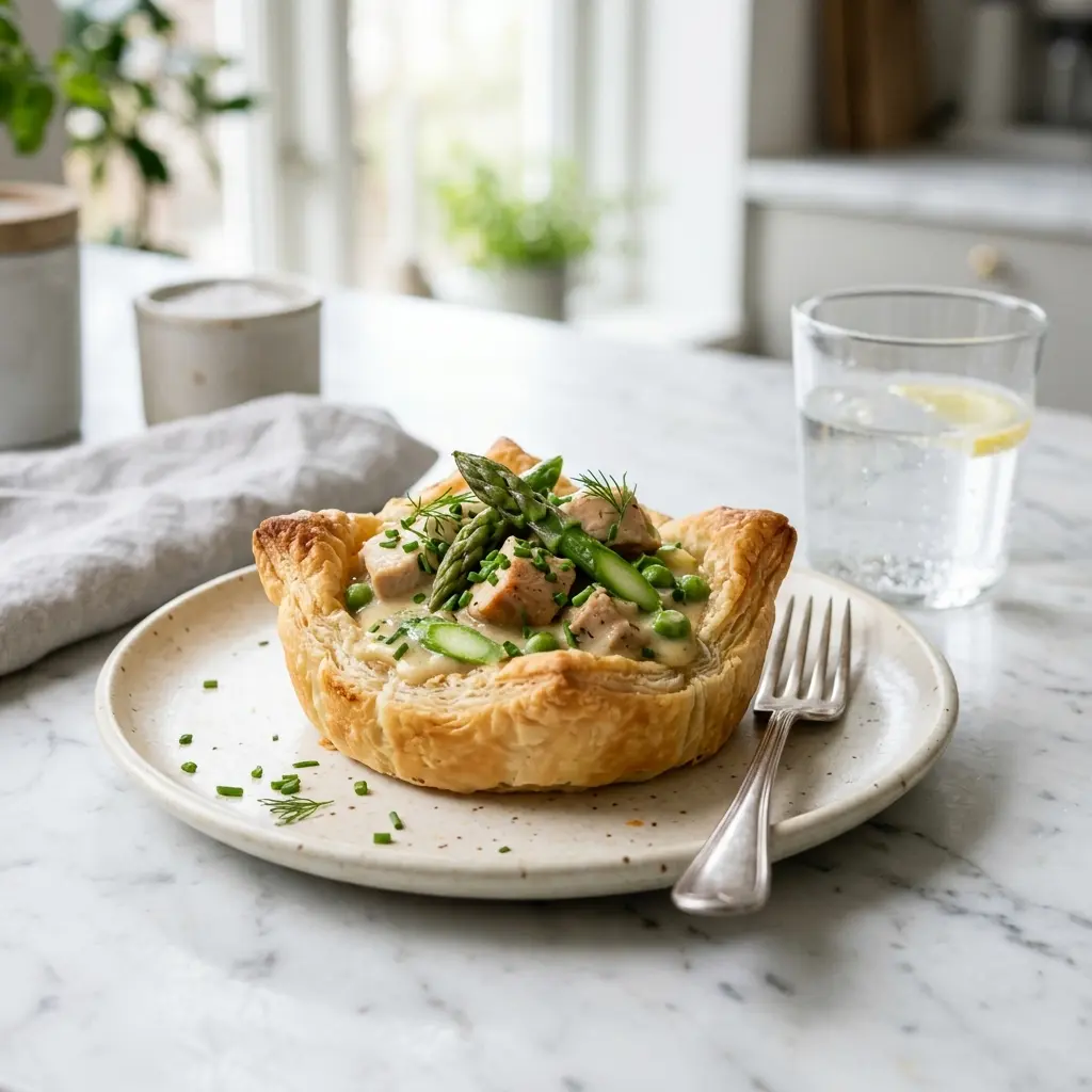 Tarteletter mit Hähnchen und Spargel fertig als Gericht serviert