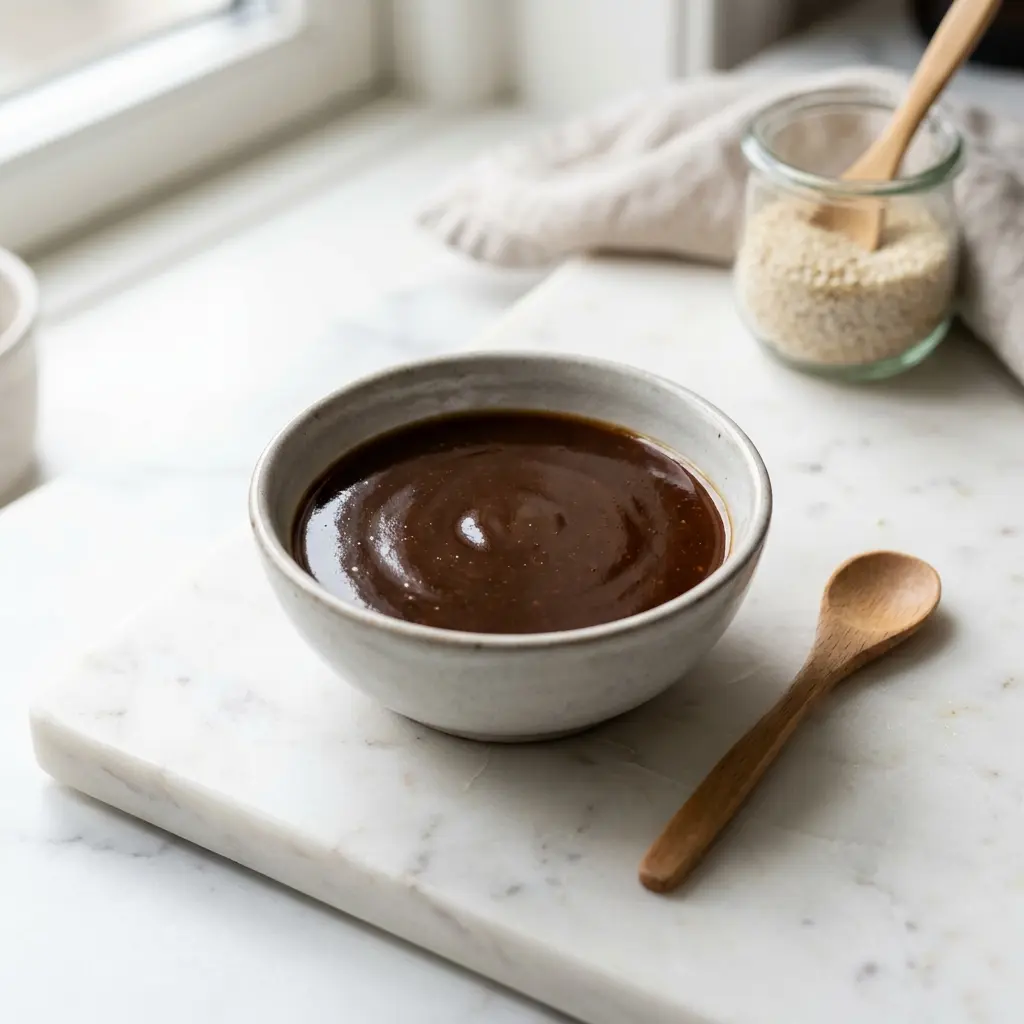 Eine Schale Teriyaki-Sauce als geschmackvolle Beilage serviert