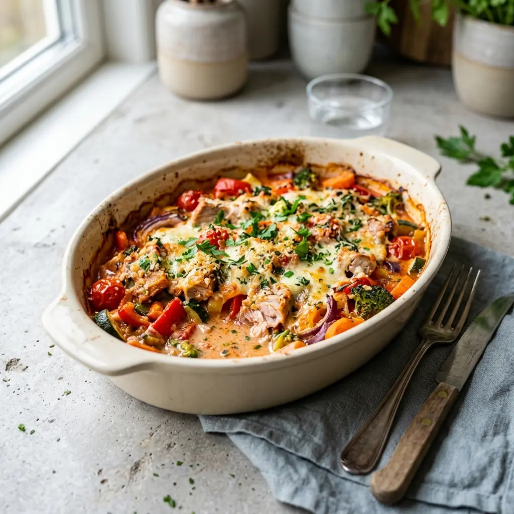 Thunfisch aus der Auflaufform mit Gemüse fertig als Gericht serviert