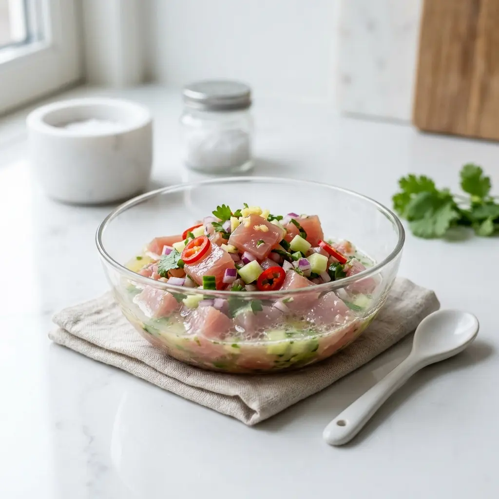 Thunfisch-Ceviche fertig als Gericht serviert