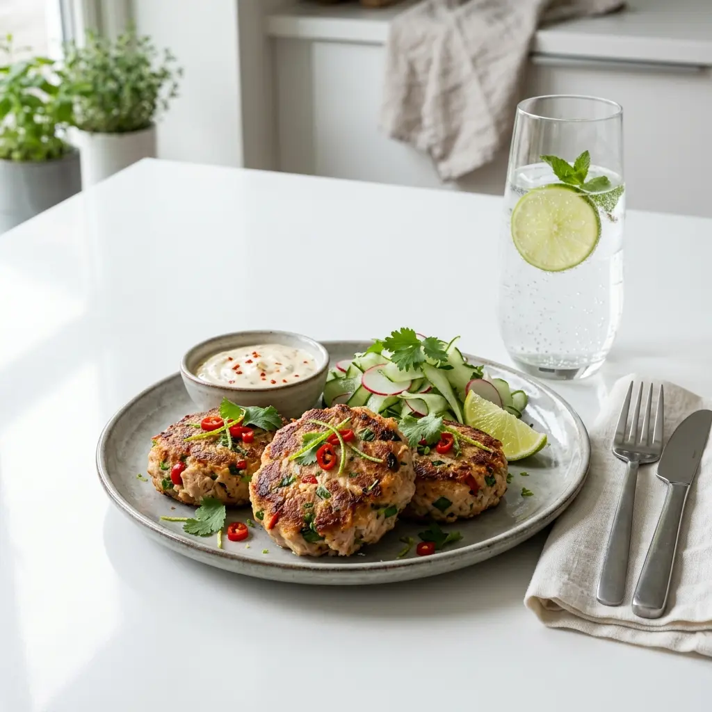 Thunfischfrikadellen mit Chili und Limette fertig als Gericht serviert