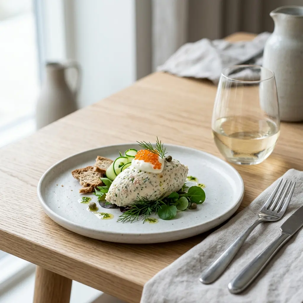 Thunfischmousse-Anrichtung fertig als Gericht serviert