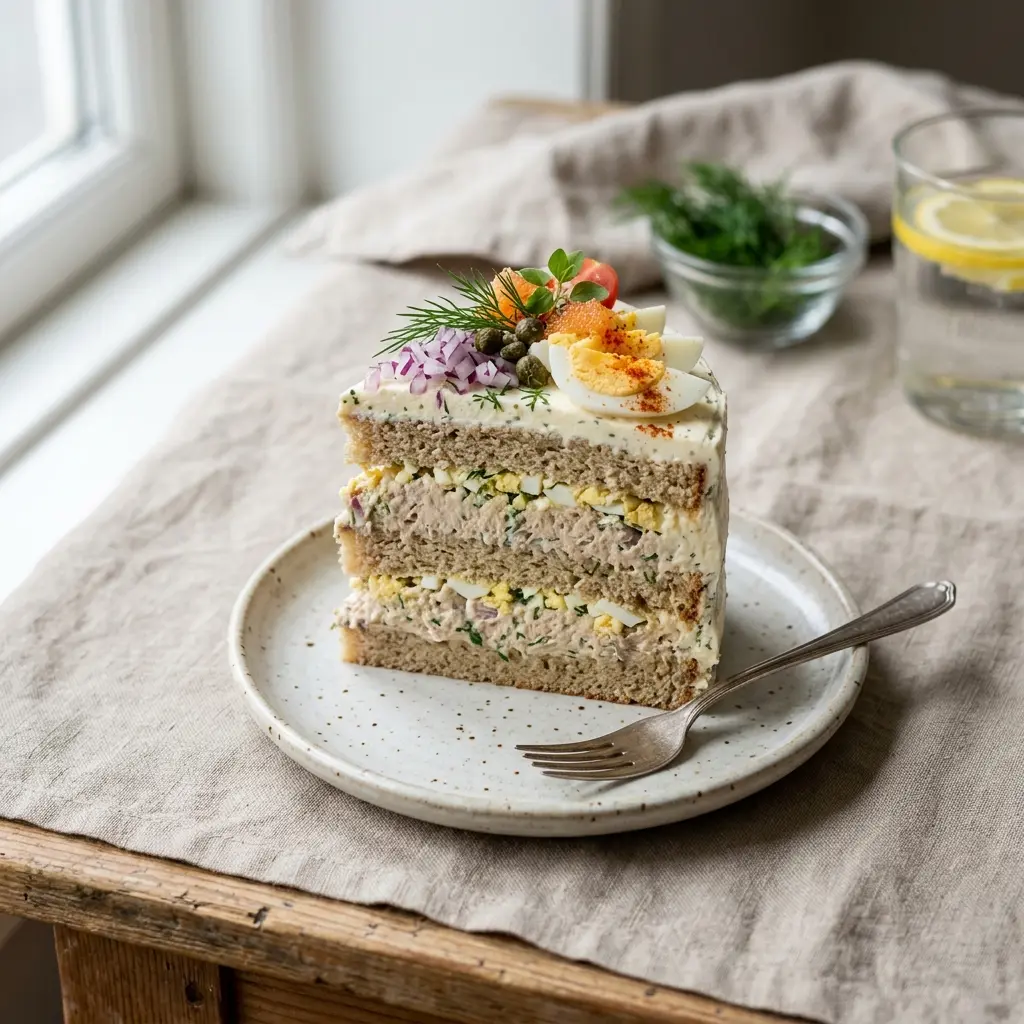 Thunfischmousse-Torte fertig als Gericht serviert