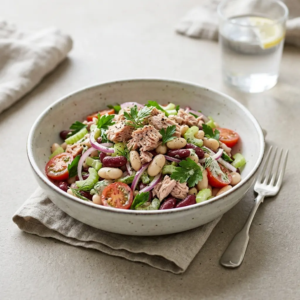 Frische Portion Thunfischsalat mit Bohnen mit ansprechender hausgemachter Präsentation