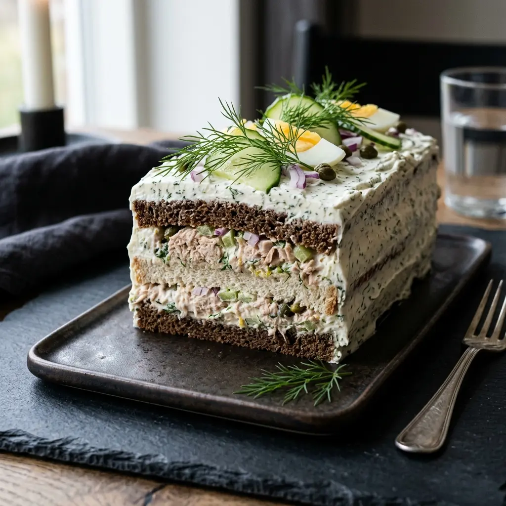 Thunfischsandwich-Torte fertig als Gericht serviert