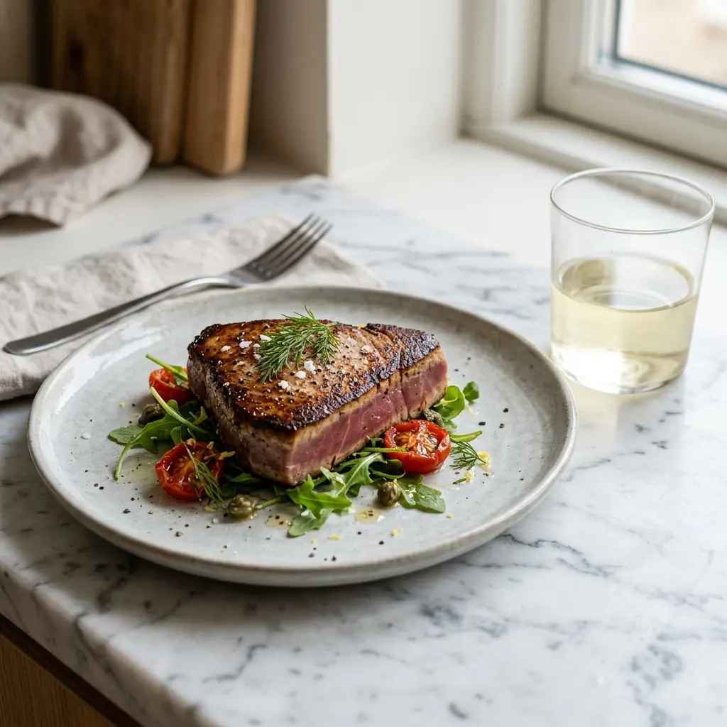 Thunfischsteak aus der Pfanne fertig als Gericht serviert