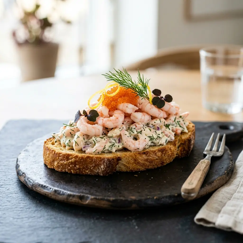 Serviervorschlag für Toast Skagen mit Meeresfrüchten frisch und appetitlich angerichtet