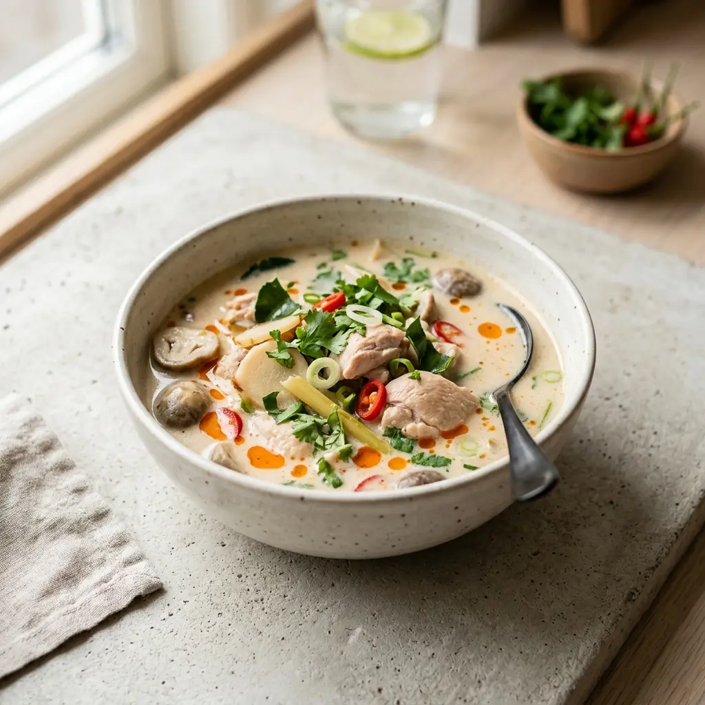Tom Kha Gai mit Hähnchen fertig als Gericht serviert