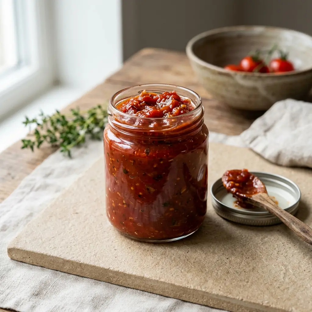 Tomatenchutney fertig im Glas oder in einer Schale serviert
