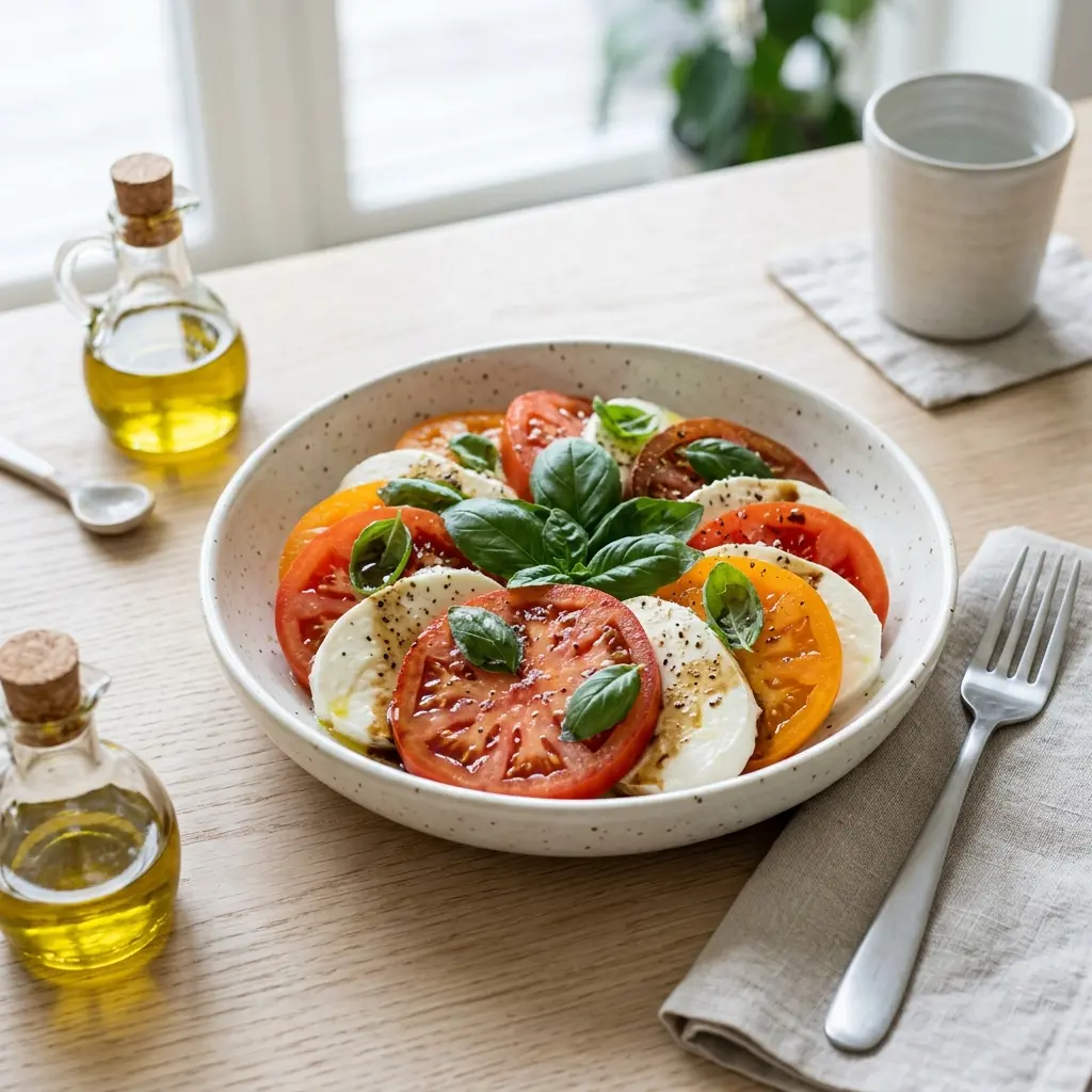 Frische Portion Tomatensalat mit Mozzarella mit ansprechender hausgemachter Präsentation