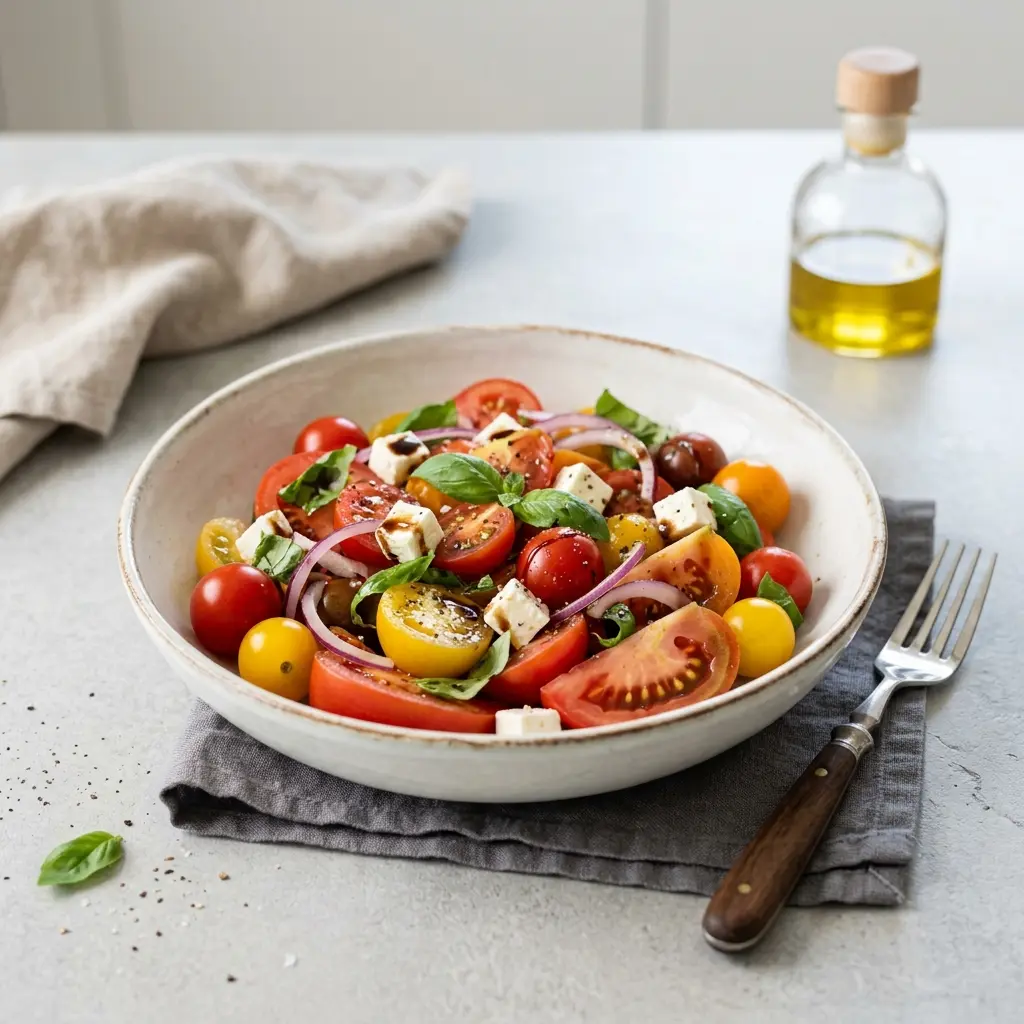 Frische Portion Tomatensalat mit ansprechender hausgemachter Präsentation
