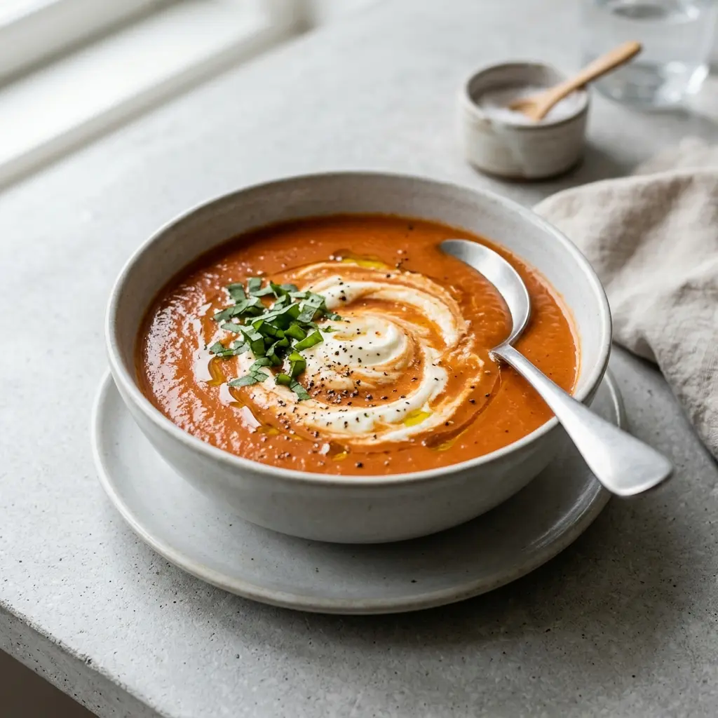 Eine warme Portion Tomatensuppe mit Mascarpone appetitlich serviert