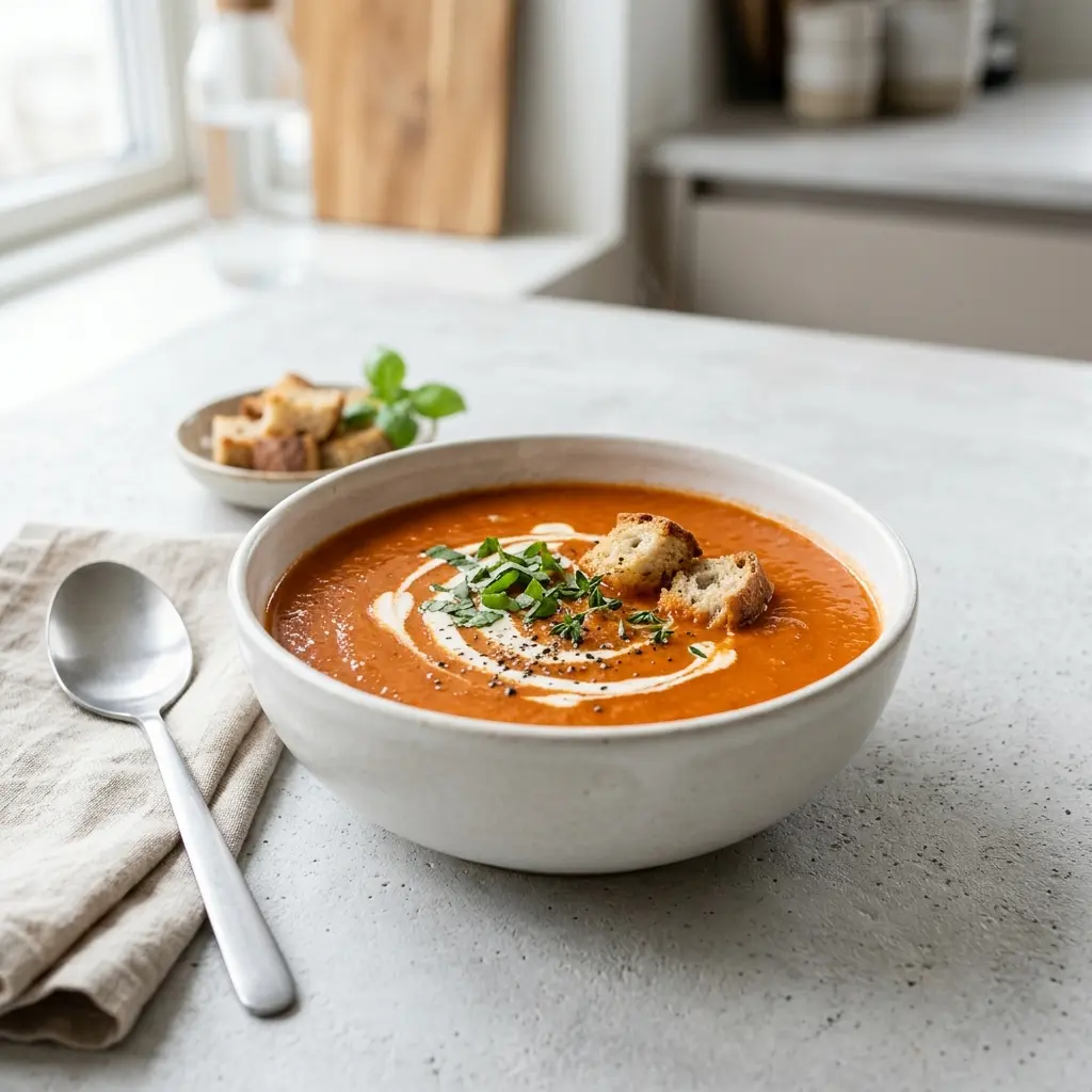 Eine warme Portion Tomatensuppe appetitlich serviert