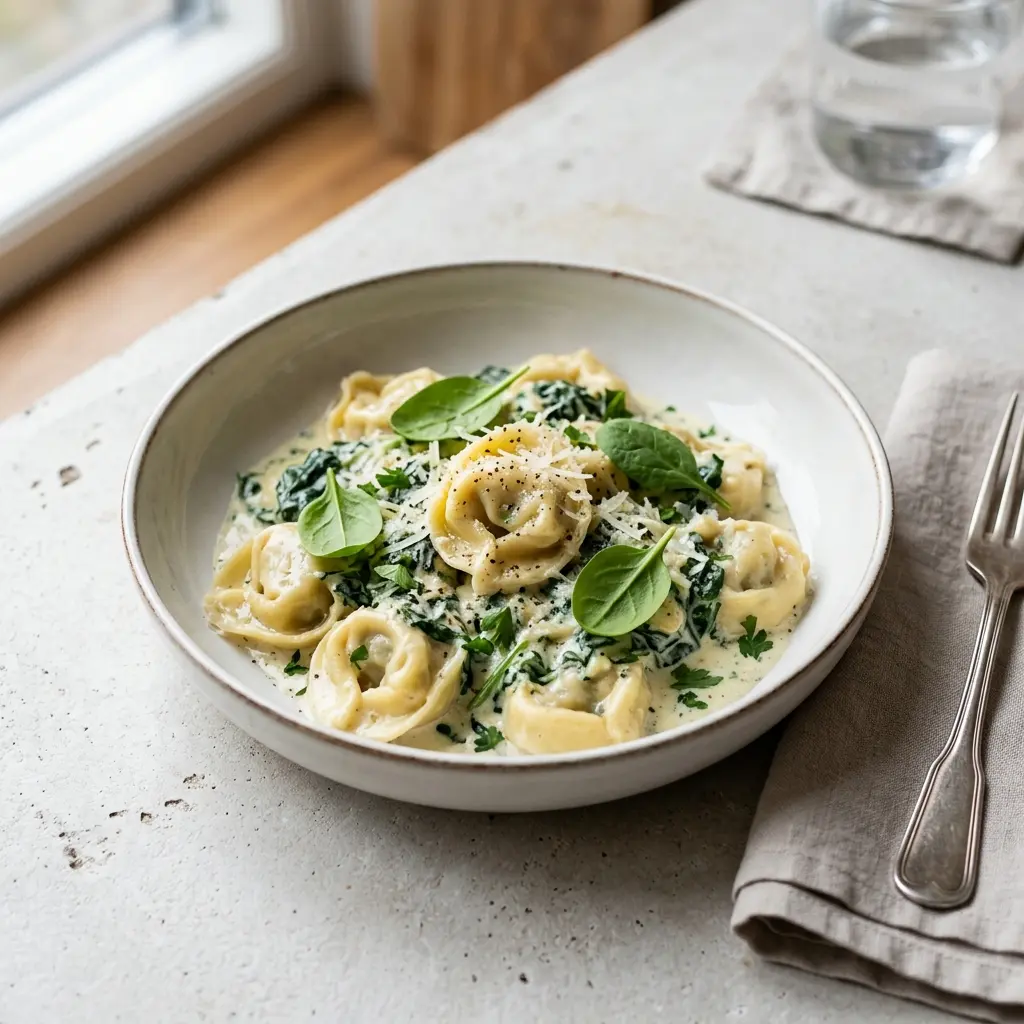Tortellini mit Käse und Spinat fertig als Gericht serviert