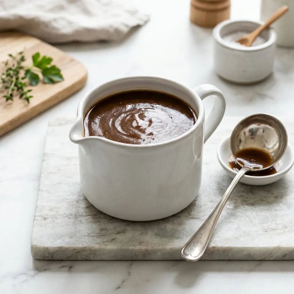 Eine Schale Traditionelle braune Sauce als geschmackvolle Beilage serviert