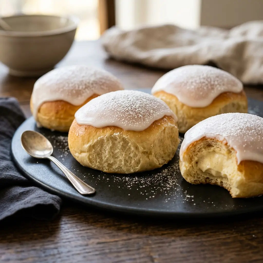Traditionelle Fastelavnsboller fertig als Gericht serviert