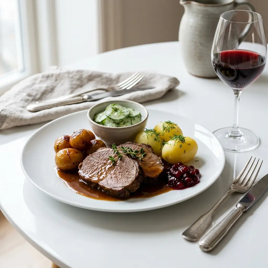 Traditioneller Kalbsbraten fertig als Gericht serviert