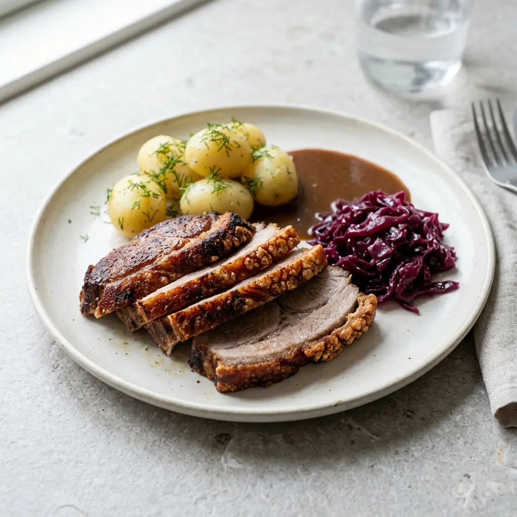 Traditioneller Nackenbraten fertig als Gericht serviert