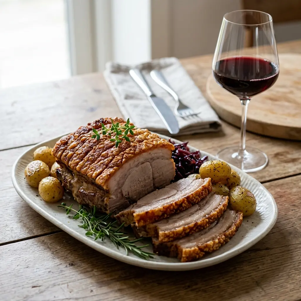 Traditioneller Schweinebraten fertig als Gericht serviert