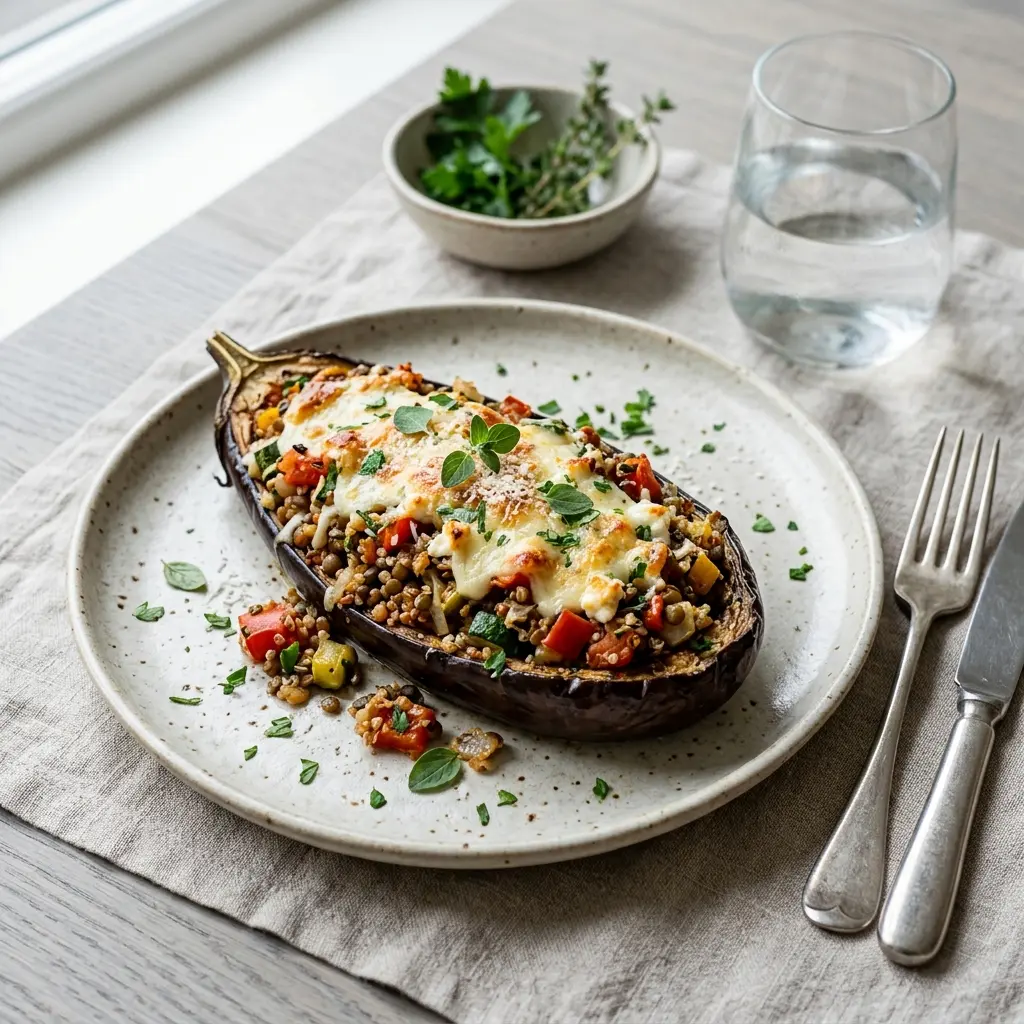 Vegetarisch gefüllte Aubergine fertig als Gericht serviert