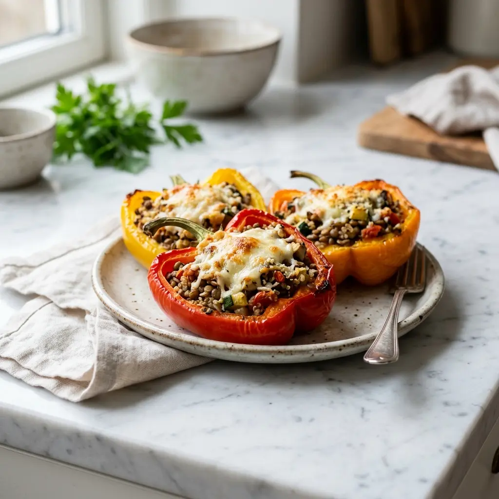 Vegetarisch gefüllte Paprika fertig als Gericht serviert