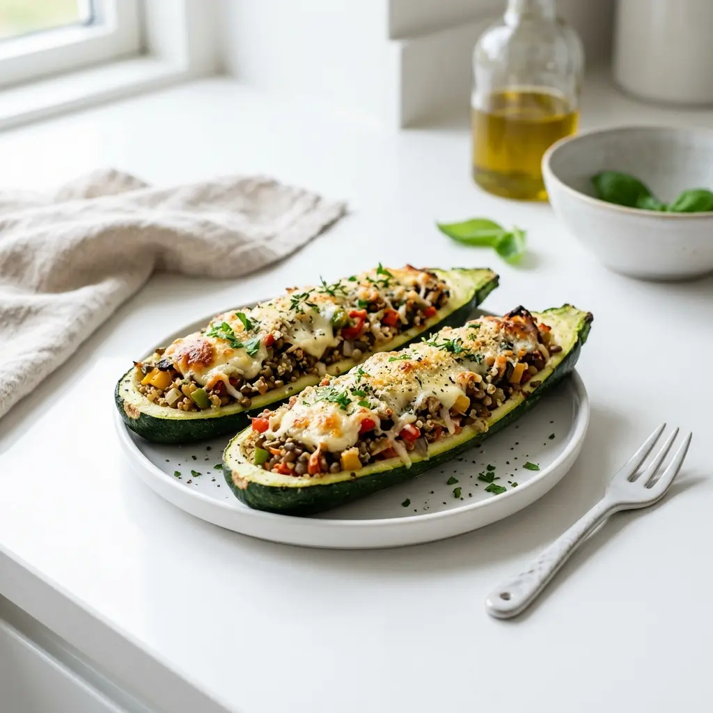 Vegetarisch gefüllte Zucchini fertig als Gericht serviert