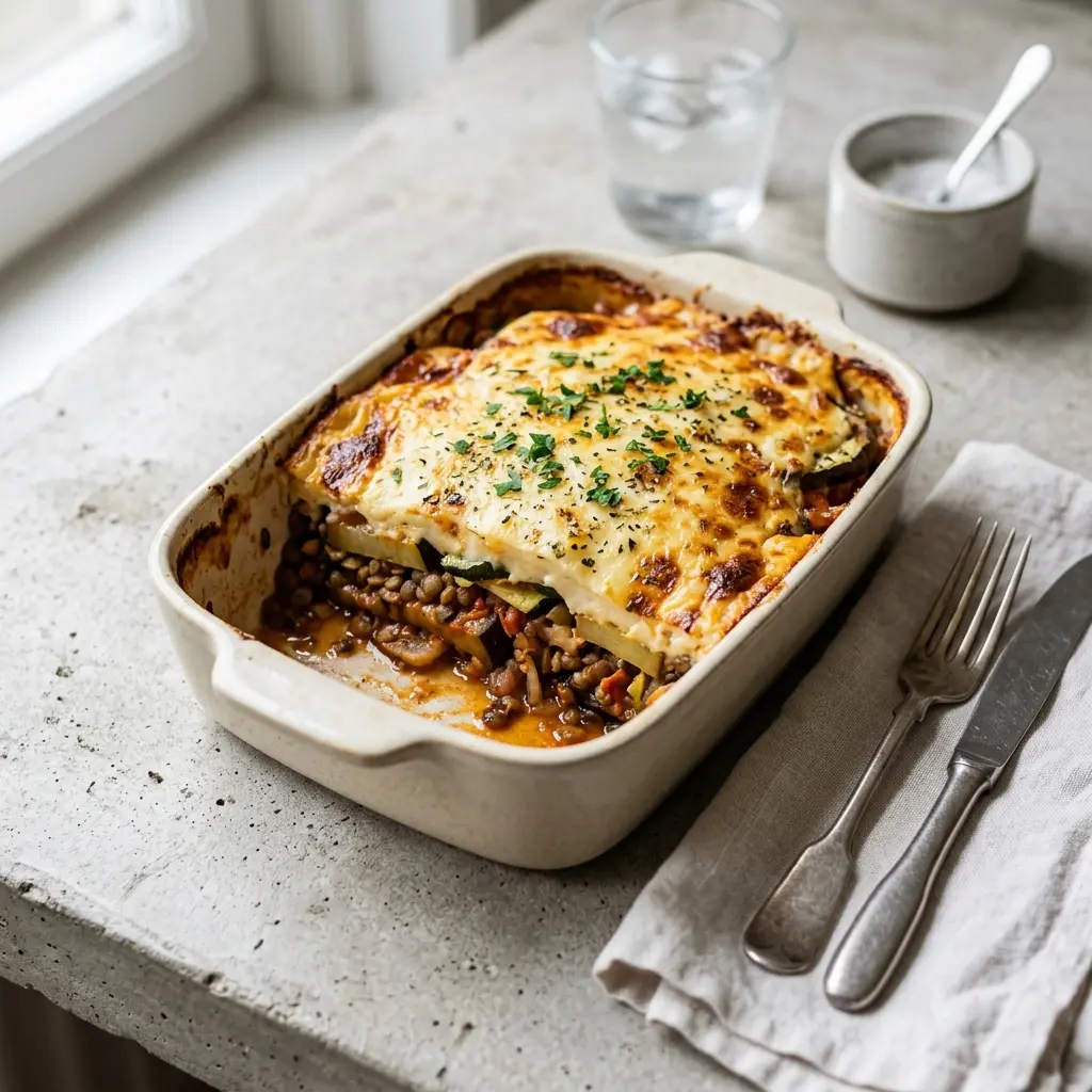 Vegetarische Moussaka fertig als Gericht serviert