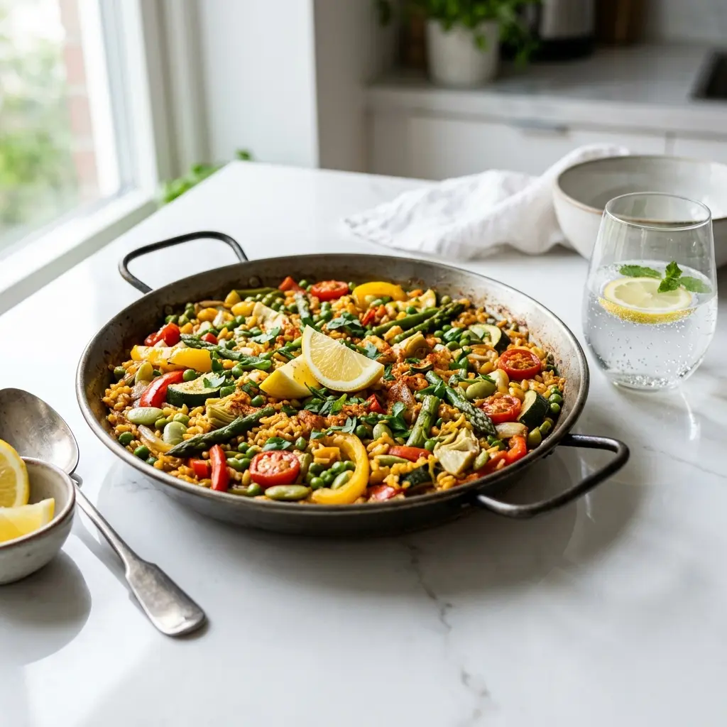 Vegetarische Paella fertig als Gericht serviert