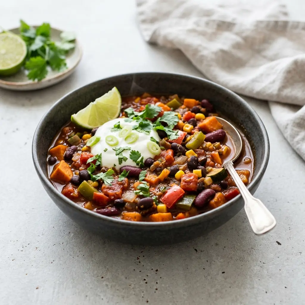 Vegetarisches Chili fertig als Gericht serviert