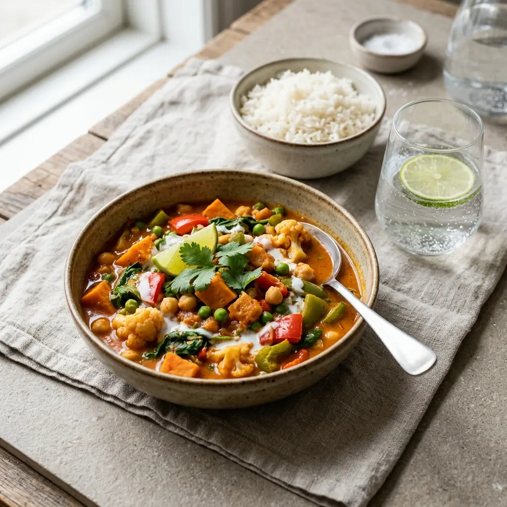 Vegetarisches Curry fertig als Gericht serviert
