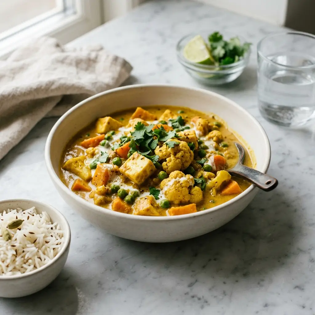 Vegetarisches Korma fertig als Gericht serviert
