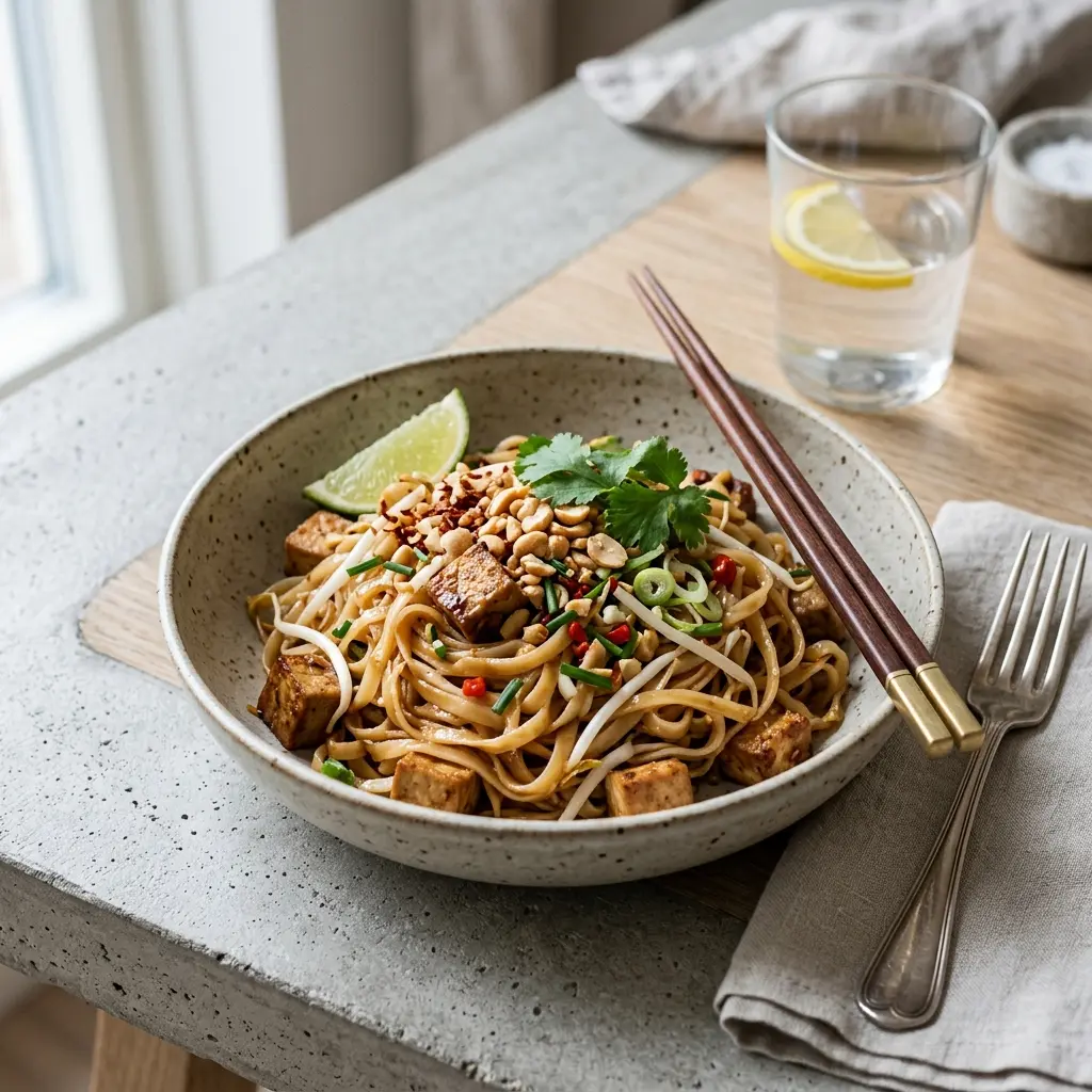Vegetarisches Pad Thai fertig als Gericht serviert