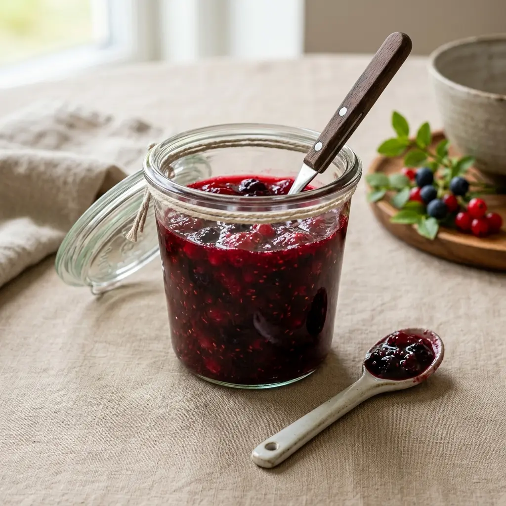 Waldbeermarmelade fertig als Dessert serviert