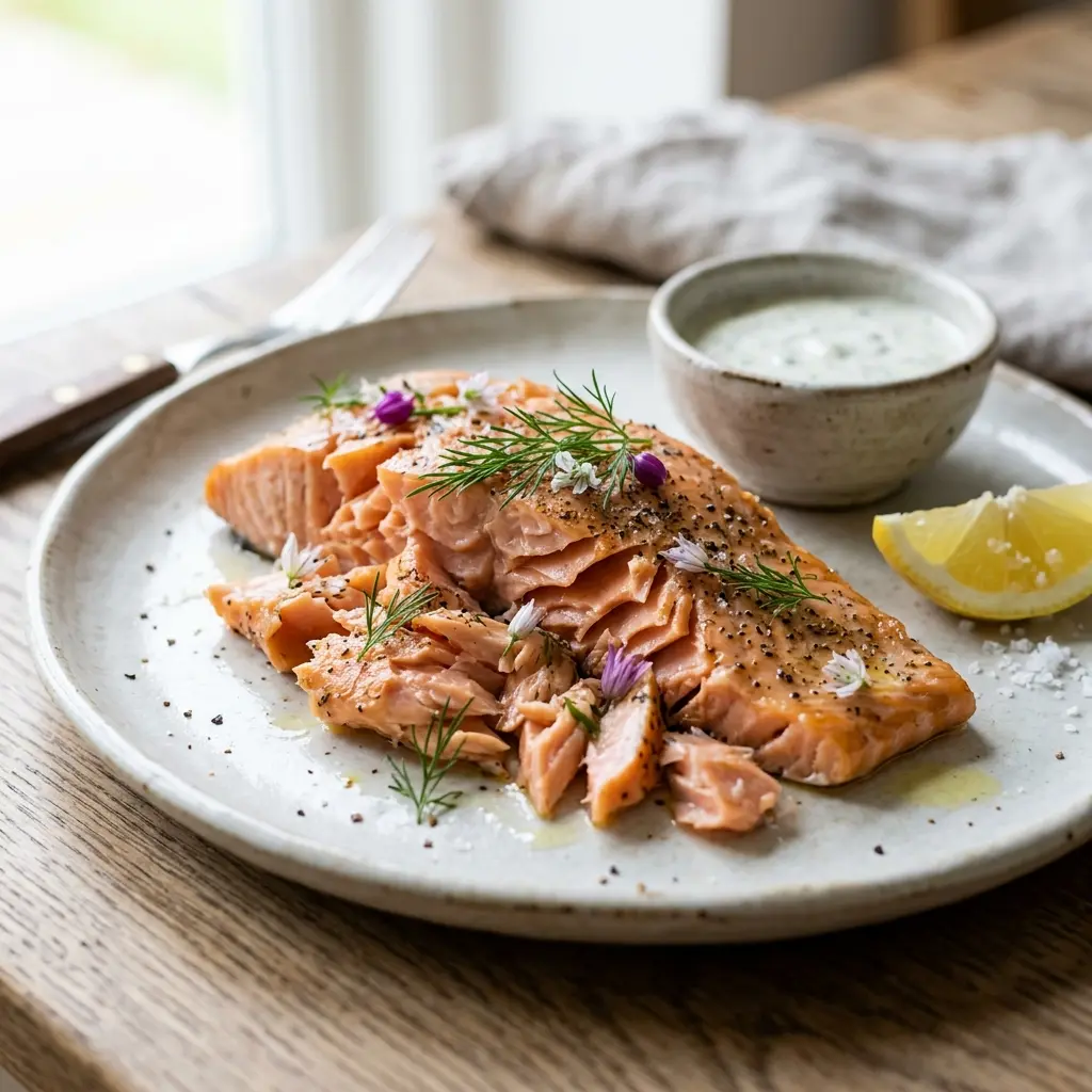 Warmgeräucherter Lachs fertig als Gericht serviert