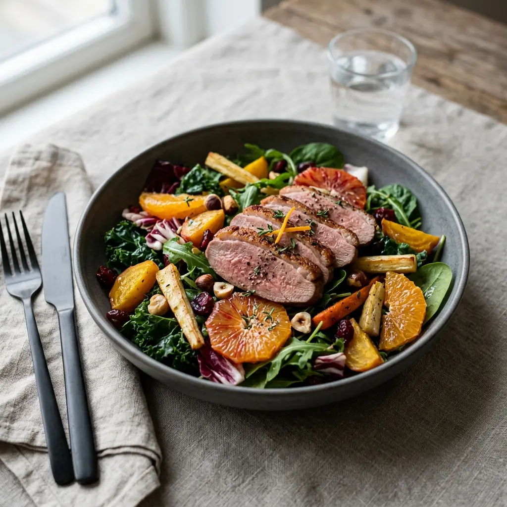 Frische Portion Wintersalat mit Ente mit ansprechender hausgemachter Präsentation