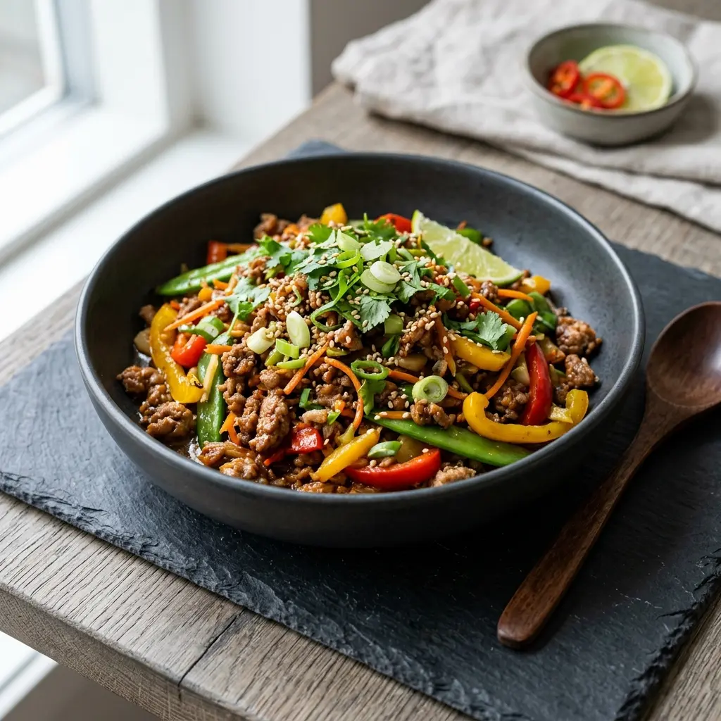 Wok mit Schweinehackfleisch fertig als Gericht serviert