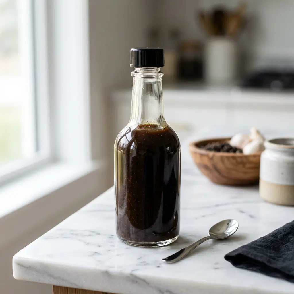 Eine Schale Worcestershiresauce als geschmackvolle Beilage serviert