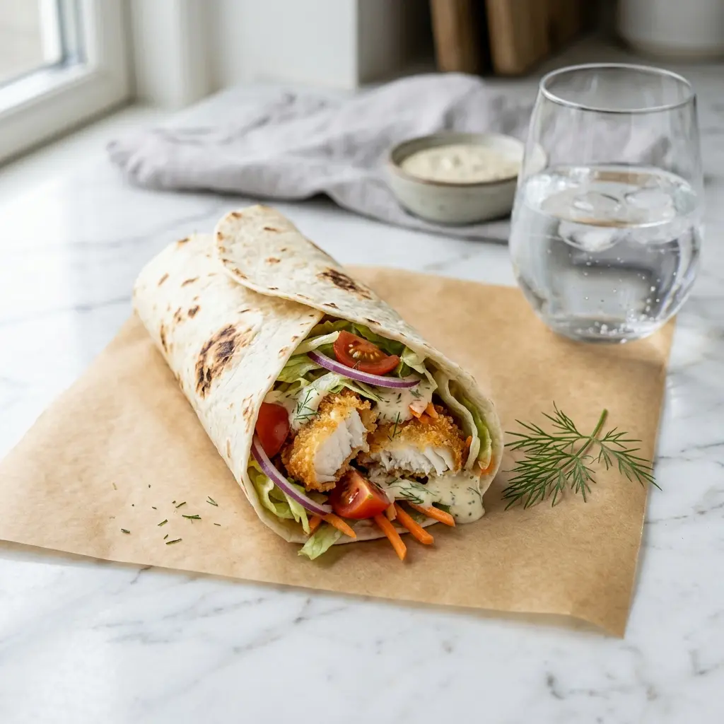 Wrap mit knuspriger Scholle fertig als Gericht serviert