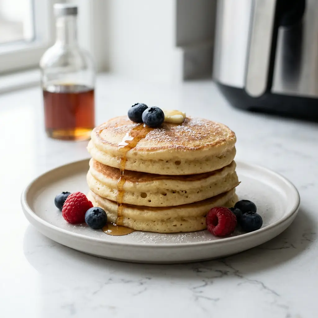 Foto von Amerikanische Pancakes aus der Heißluftfritteuse fertig zubereitet in der Heißluftfritteuse