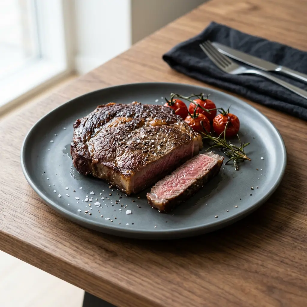 Foto von Beefsteak aus der Heißluftfritteuse fertig zubereitet in der Heißluftfritteuse