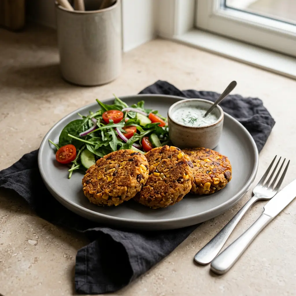 Foto von Bohnen-Patties aus der Heißluftfritteuse fertig zubereitet in der Heißluftfritteuse