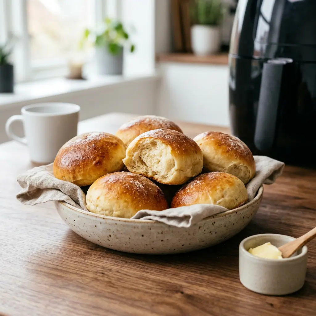 Foto von Brötchen aus der Heißluftfritteuse fertig zubereitet in der Heißluftfritteuse