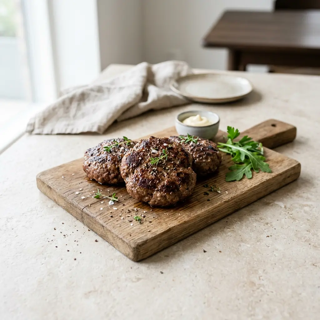 Foto von Burger-Patties aus der Heißluftfritteuse fertig zubereitet in der Heißluftfritteuse