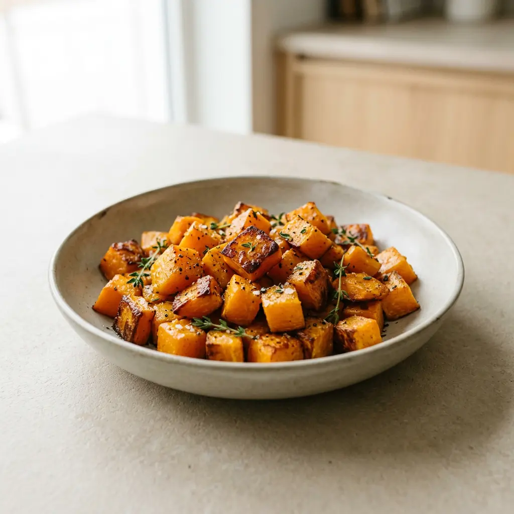 Foto von Butternut-Kürbis aus der Heißluftfritteuse fertig zubereitet in der Heißluftfritteuse