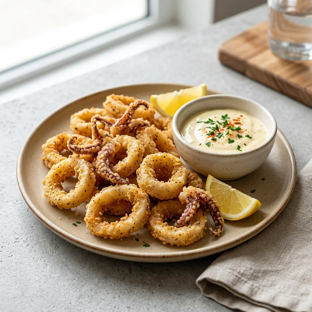 Foto von Calamari aus der Heißluftfritteuse fertig zubereitet in der Heißluftfritteuse