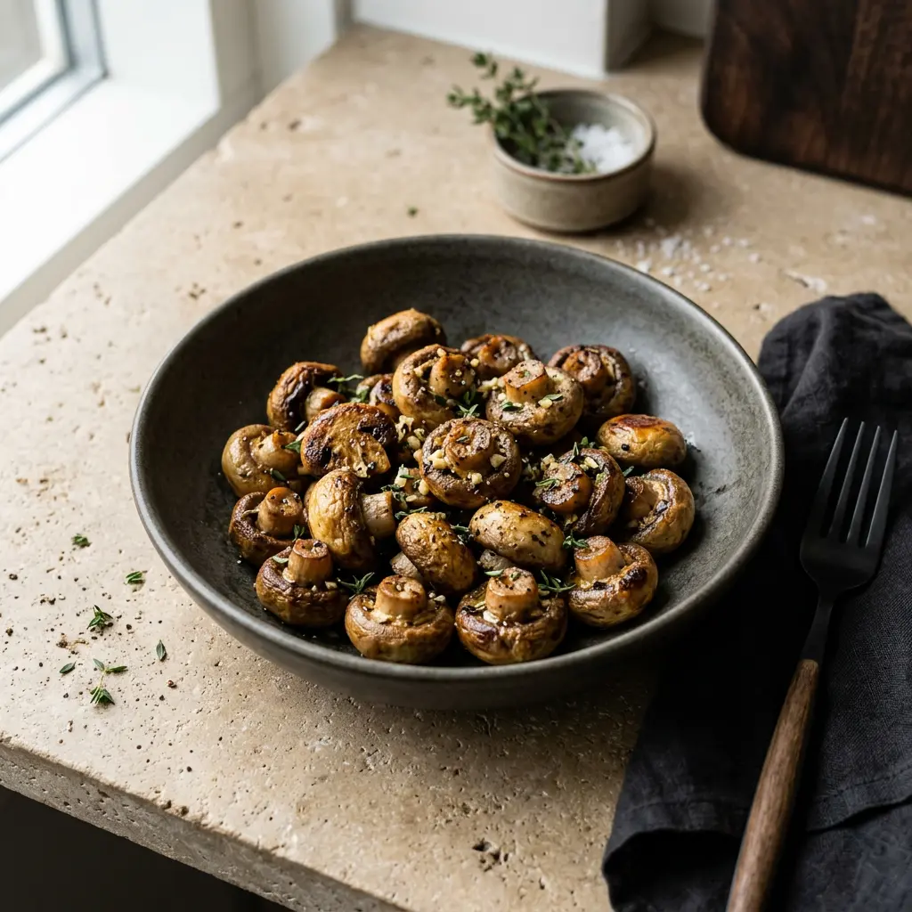 Foto von Champignons aus der Heißluftfritteuse fertig zubereitet in der Heißluftfritteuse