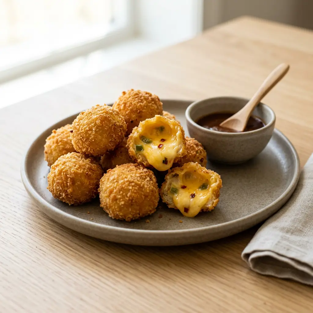 Foto von Chili-Cheese-Nuggets aus der Heißluftfritteuse fertig zubereitet in der Heißluftfritteuse